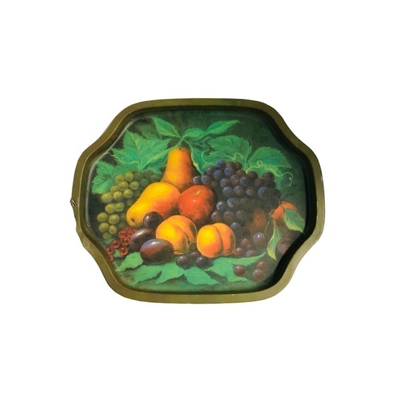Vintage metal tray green with fruit picture - Picture 1 of 5
